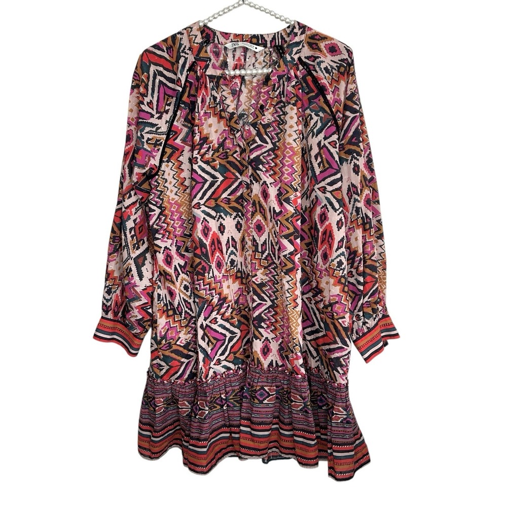 Zara Boho Mini Dress Small Festival Geometric Oversize Cottage Swiss Dot Aztec